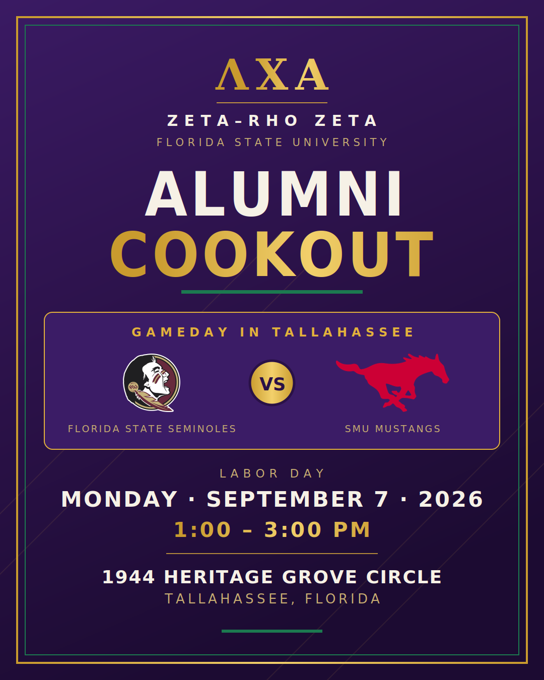 2026 Alumni Cookout flyer. Gameday in Tallahassee, Florida State Seminoles vs. SMU Mustangs. Labor Day, Monday, September 7, 2026, 1:00 to 3:00 PM, 1944 Heritage Grove Circle, Tallahassee, Florida.