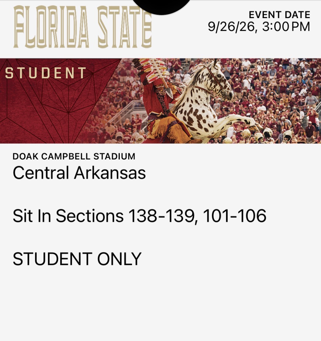 Florida State student ticket for Central Arkansas at Doak Campbell Stadium